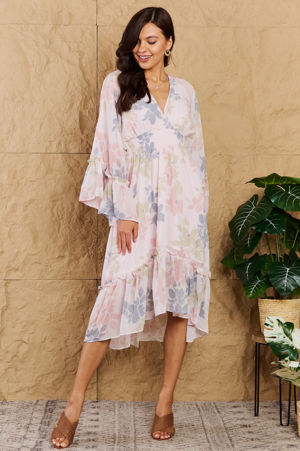 Faith  The Right Time Floral Bell Sleeve Midi Dress in Coral - Coco and lulu boutique