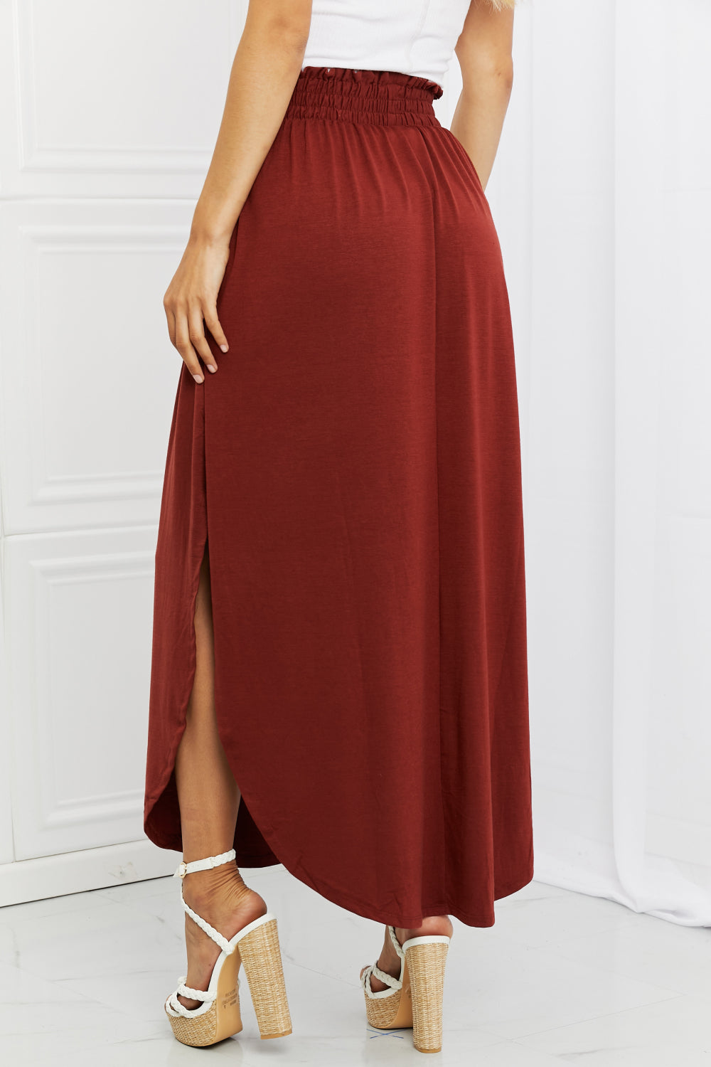 Zenana It's My Time Full Size Side Scoop Scrunch Skirt in Dark Rust - Coco and lulu boutique