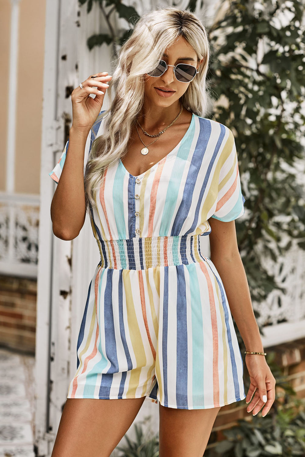 Sunshine Multicolored Stripe V-Neck Smocked Waist Romper - Coco and lulu boutique
