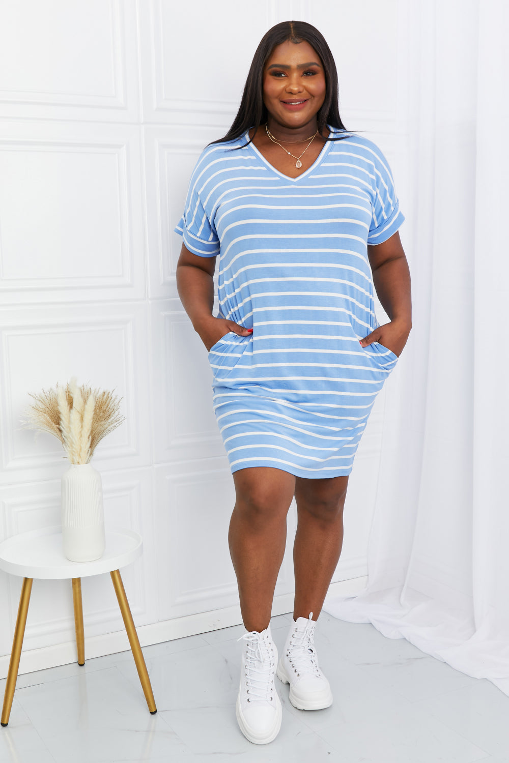Kensey Weekender Full Size Striped V-Neck Pocket Dress in Spring Blue - Coco and lulu boutique