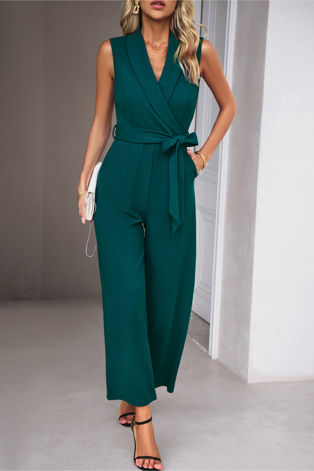 Kim Tie Waist Shawl Collar Sleeveless Jumpsuit - Coco and lulu boutique