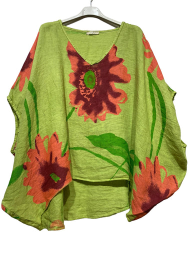 Linen Floral Poncho Top Anis Green - Coco and lulu boutique