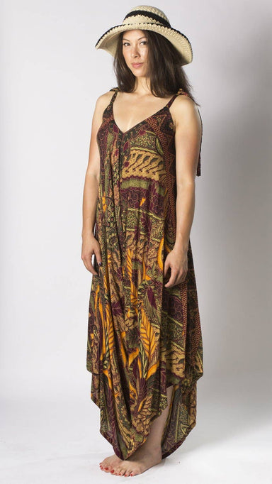 The Bora Bora Collection Women's Jumpsuit in Shanzu Beach Maroon Leaf Batik No Pocket, Convertible Harem Jumpsuit Dress - Coco and lulu boutique