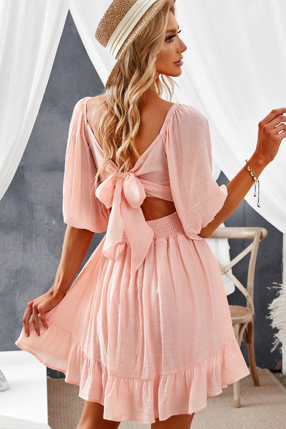 Louisa Tie-Back Ruffled Hem Square Neck Mini Dress - Coco and lulu boutique
