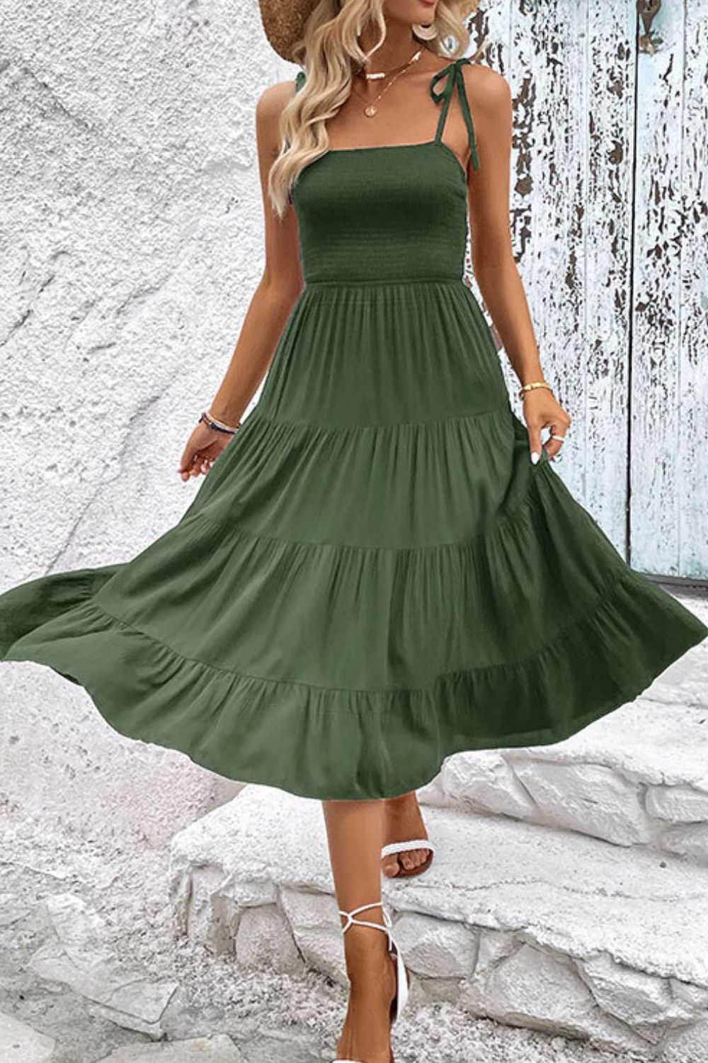 Tie-Shoulder Tiered Midi Dress - Coco and lulu boutique