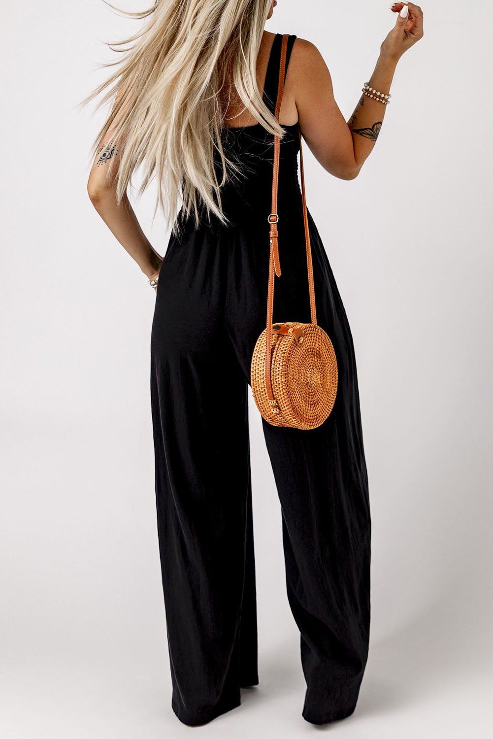 Beth Smocked Square Neck Wide Leg Jumpsuit with Pockets - Coco and lulu boutique