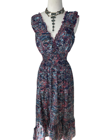 Bohemian High and Low Silk Ruffle Dress  (Sky blue/Navy/Pink) - Coco and lulu boutique