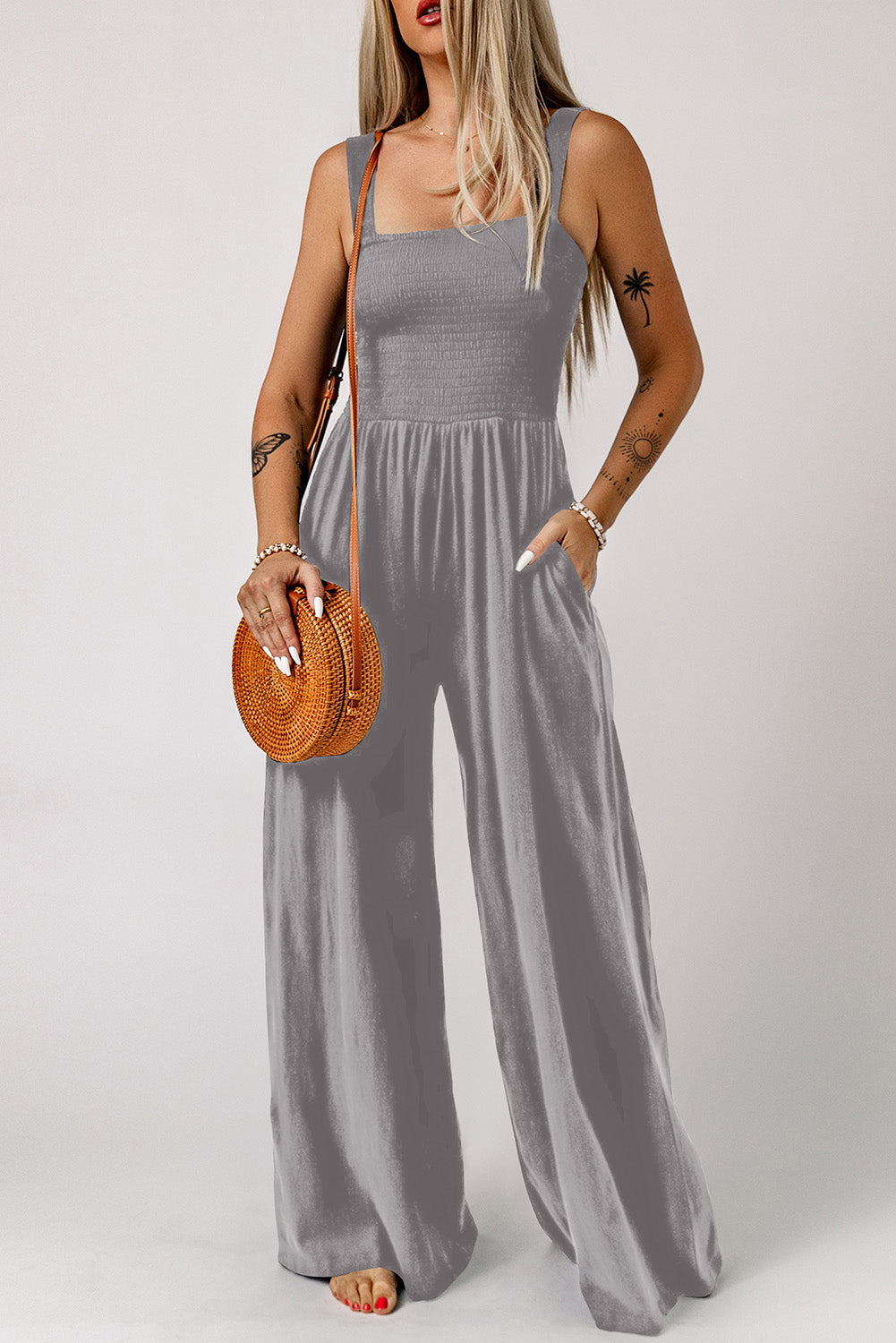 Beth Smocked Square Neck Wide Leg Jumpsuit with Pockets - Coco and lulu boutique
