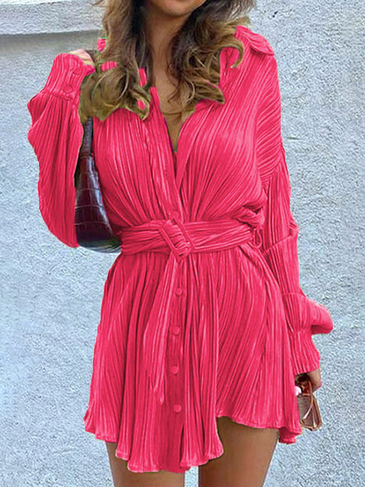 Tie Waist Button-Down Long Sleeve Dress - Coco and lulu boutique