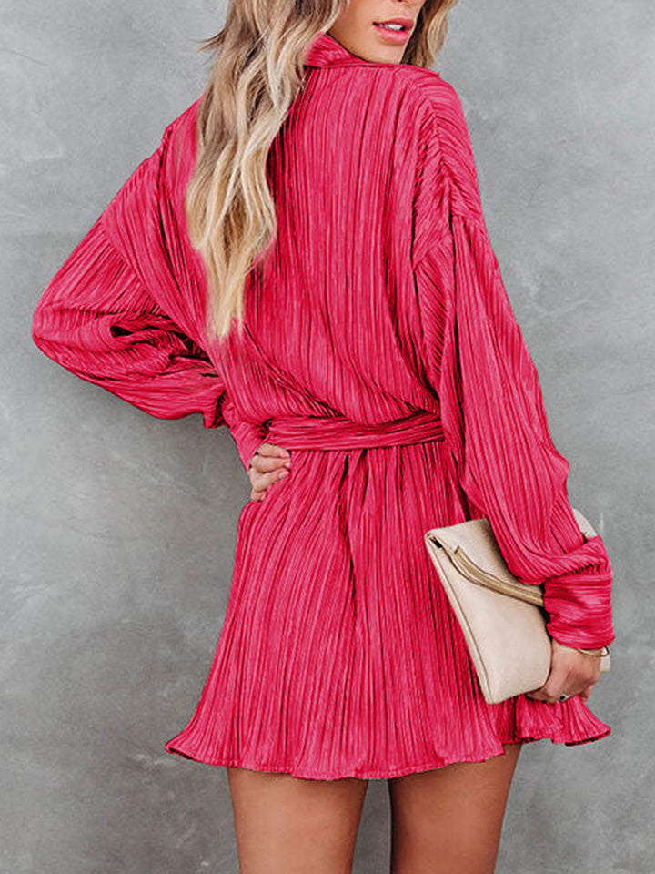 Tie Waist Button-Down Long Sleeve Dress - Coco and lulu boutique