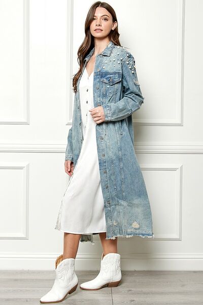 Distressed Raw Hem Pearl Detail Button Up Jacket - Coco and lulu boutique