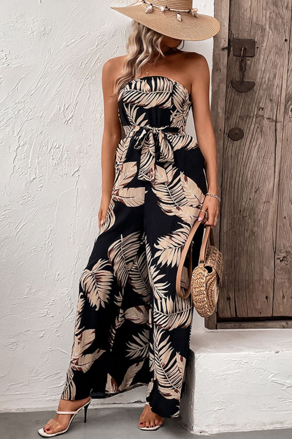 Printed Strapless Wide Leg Jumpsuit with Pockets - Coco and lulu boutique