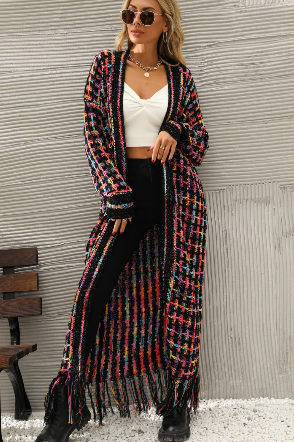 Morgan Multicolored Open Front Fringe Hem Cardigan - Coco and lulu boutique