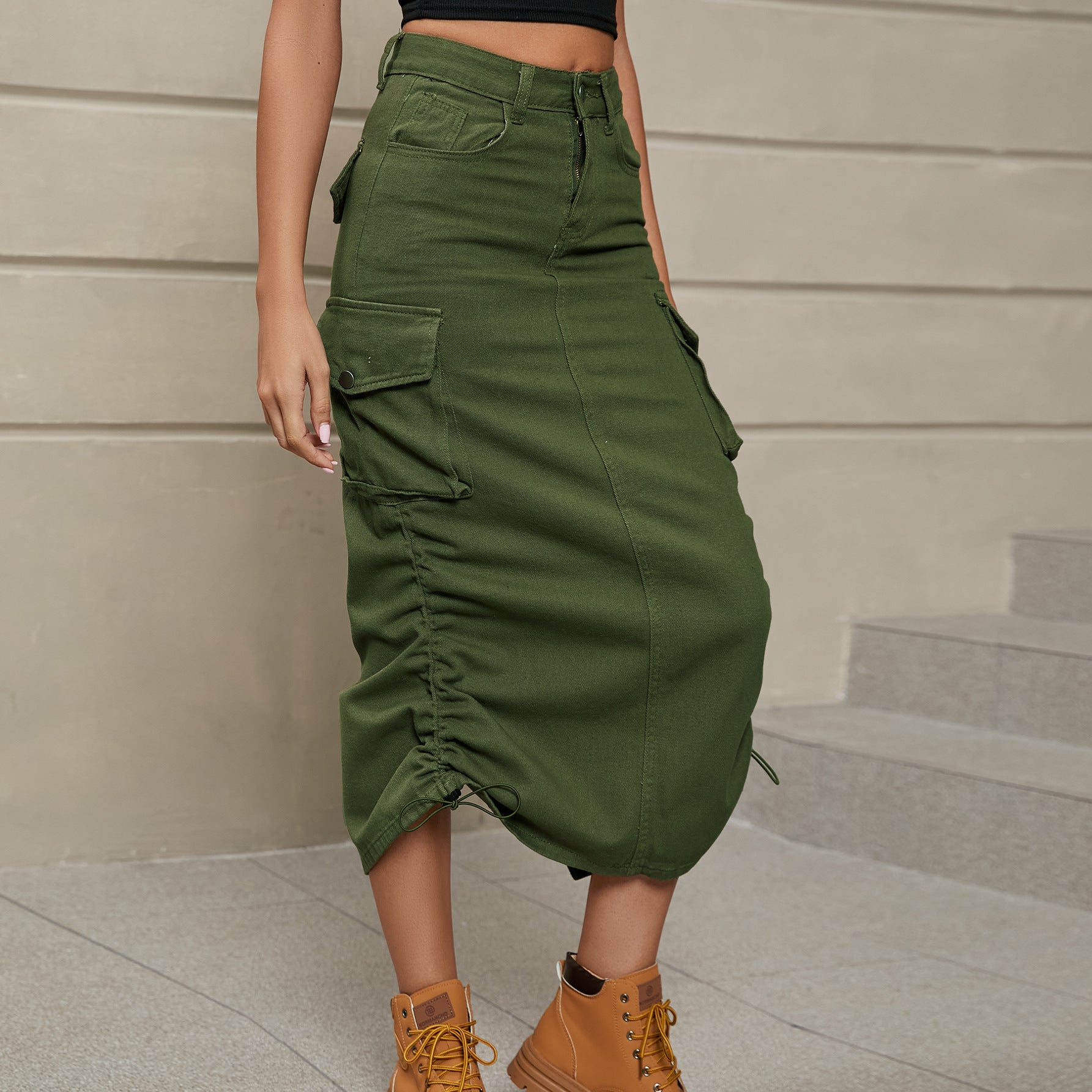 Drawstring Ruched Slit Denim Midi Skirt - Coco and lulu boutique