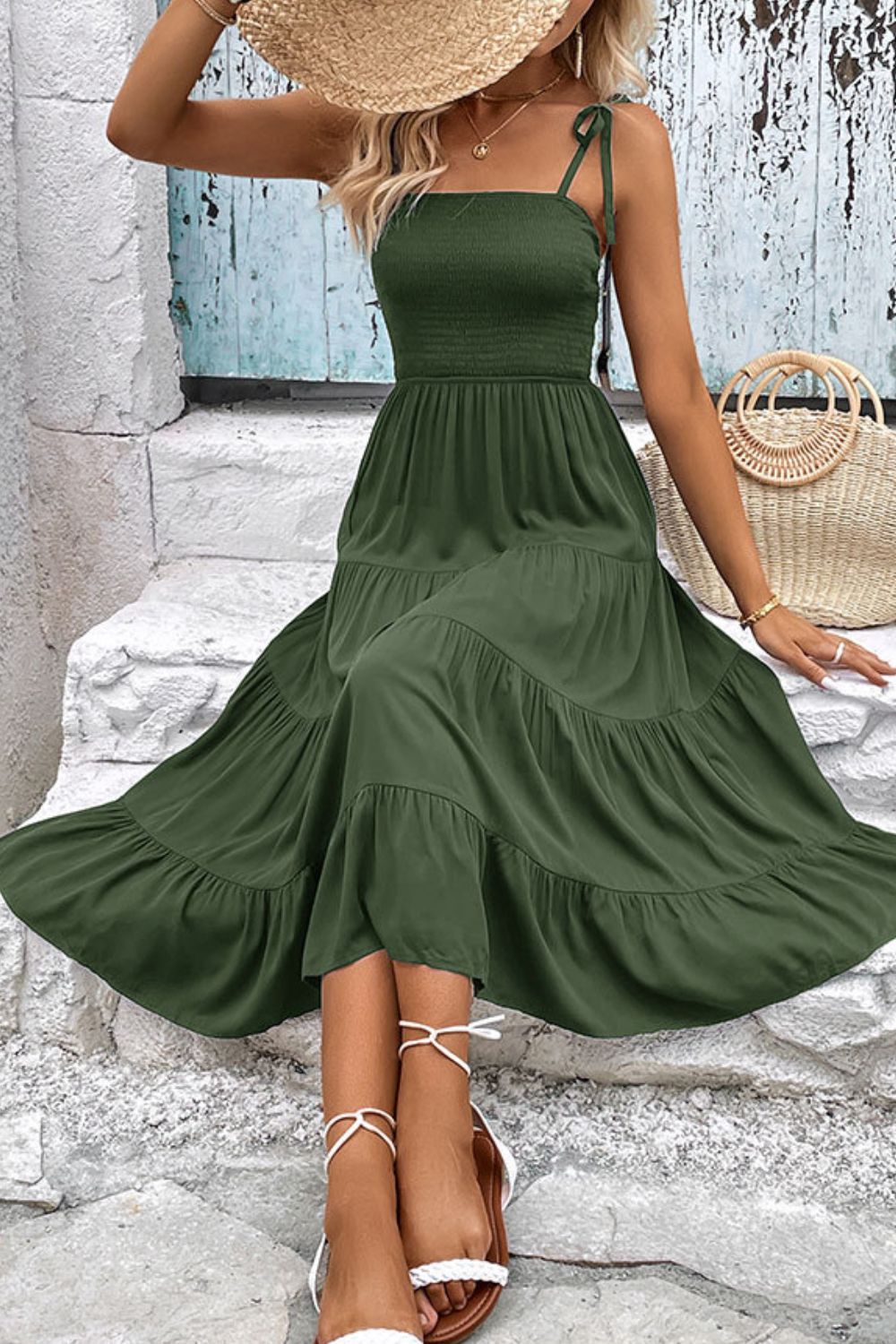 Tie-Shoulder Tiered Midi Dress - Coco and lulu boutique