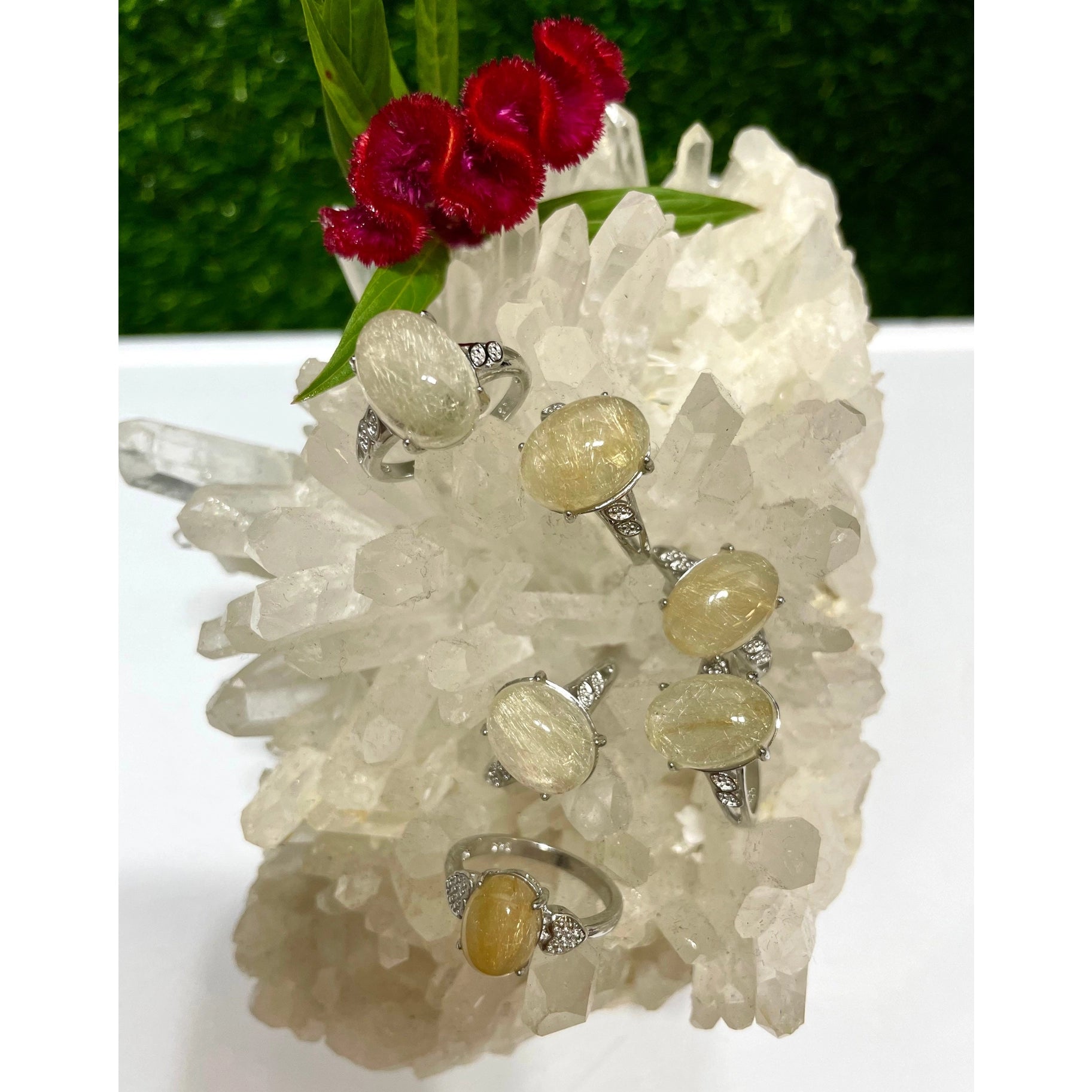 Natural Gold Rutilated Quartz Ring White Bronze - Coco and lulu boutique