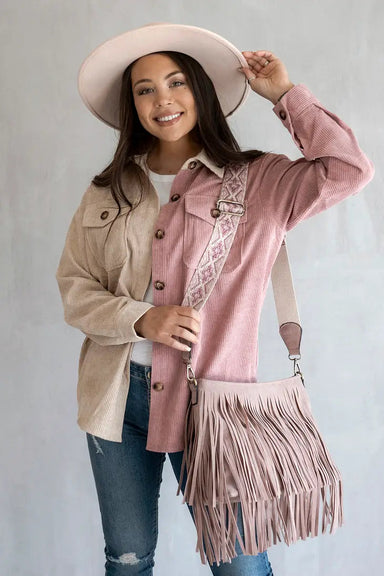 Sadie Brick Suede Fringe Crossbody w/ Guitar Strap - Coco and lulu boutique