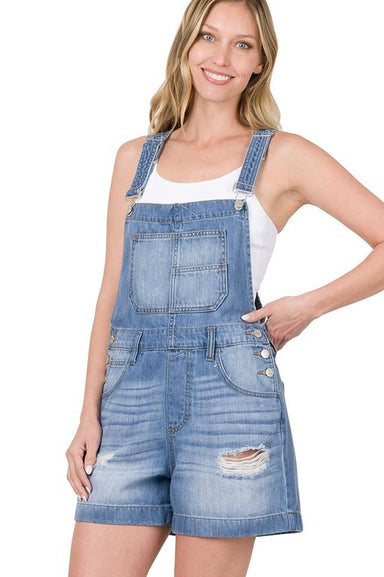 Jenni Distressed Denim Short Overalls - Coco and lulu boutique