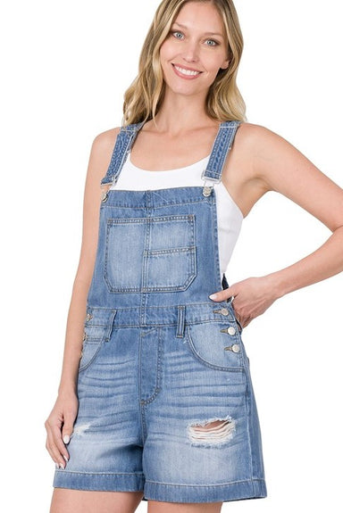 Jenni Distressed Denim Short Overalls - Coco and lulu boutique