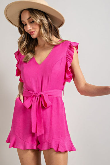 EMMA V-NECK RUFFLED WAIST TIE ROMPER - Coco and lulu boutique 