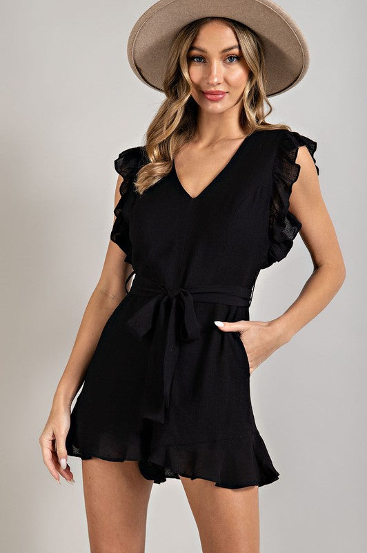 EMMA V-NECK RUFFLED WAIST TIE ROMPER - Coco and lulu boutique 