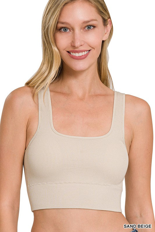 RIBBED SQUARE NECK CROPPED TANK TOP WITH BRA PADS - Coco and lulu boutique 