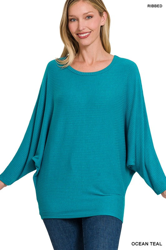 ASHLEY RIBBED BATWING LONG SLEEVE BOAT NECK SWEATER - Coco and lulu boutique 