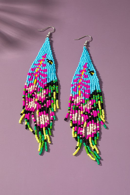 Blue and fuchsia flower seed bead drop earrings - Coco and lulu boutique 