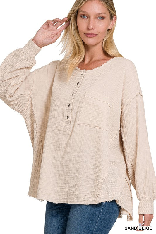 Emily Double Gauze Oversized 3/4 Button Henley Neck Top - Coco and lulu boutique 