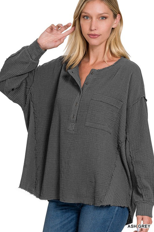 Emily Double Gauze Oversized 3/4 Button Henley Neck Top - Coco and lulu boutique 