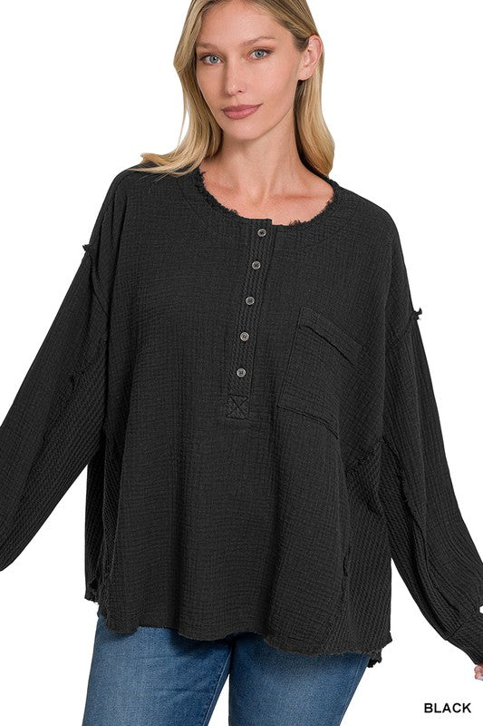 Emily Double Gauze Oversized 3/4 Button Henley Neck Top - Coco and lulu boutique 