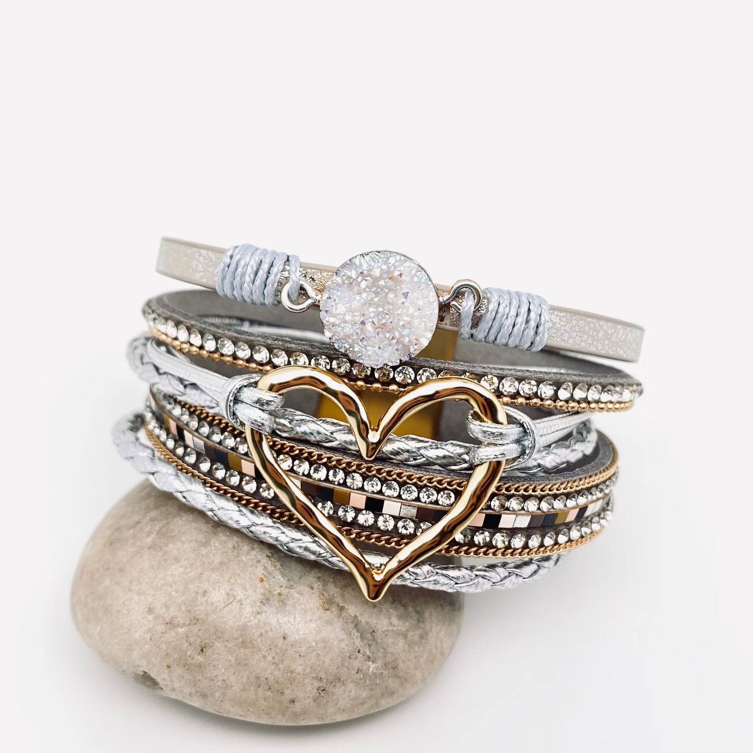 Multi-Layer Heart-Shaped Bangle Bracelets | Magnetic Buckle: Silver - Coco and lulu boutique 