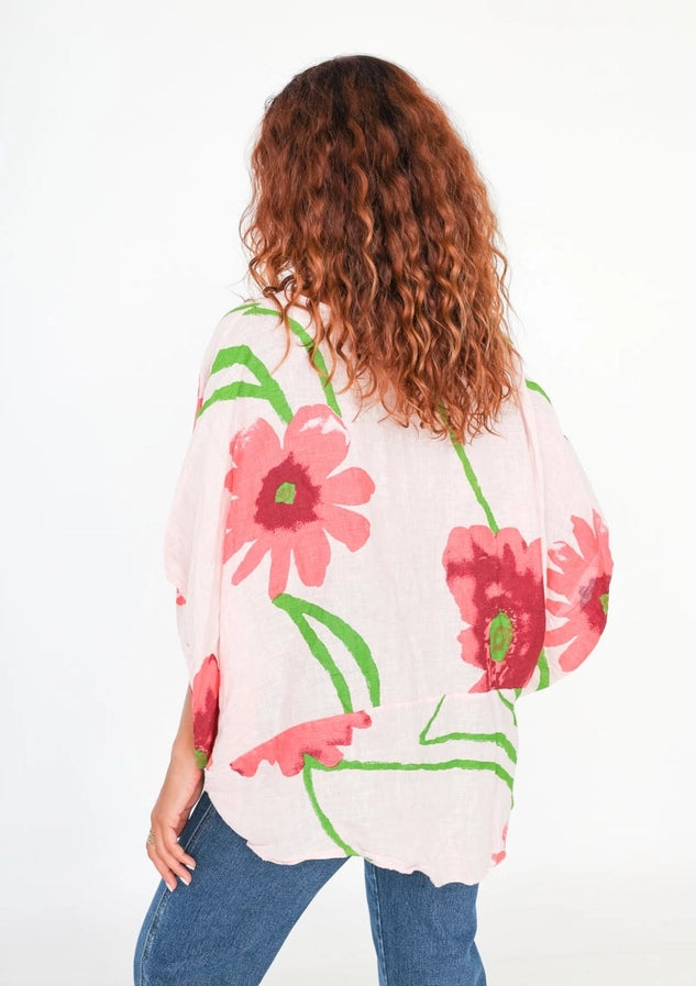 Linen Floral Poncho Top Denim Blue - Coco and lulu boutique 