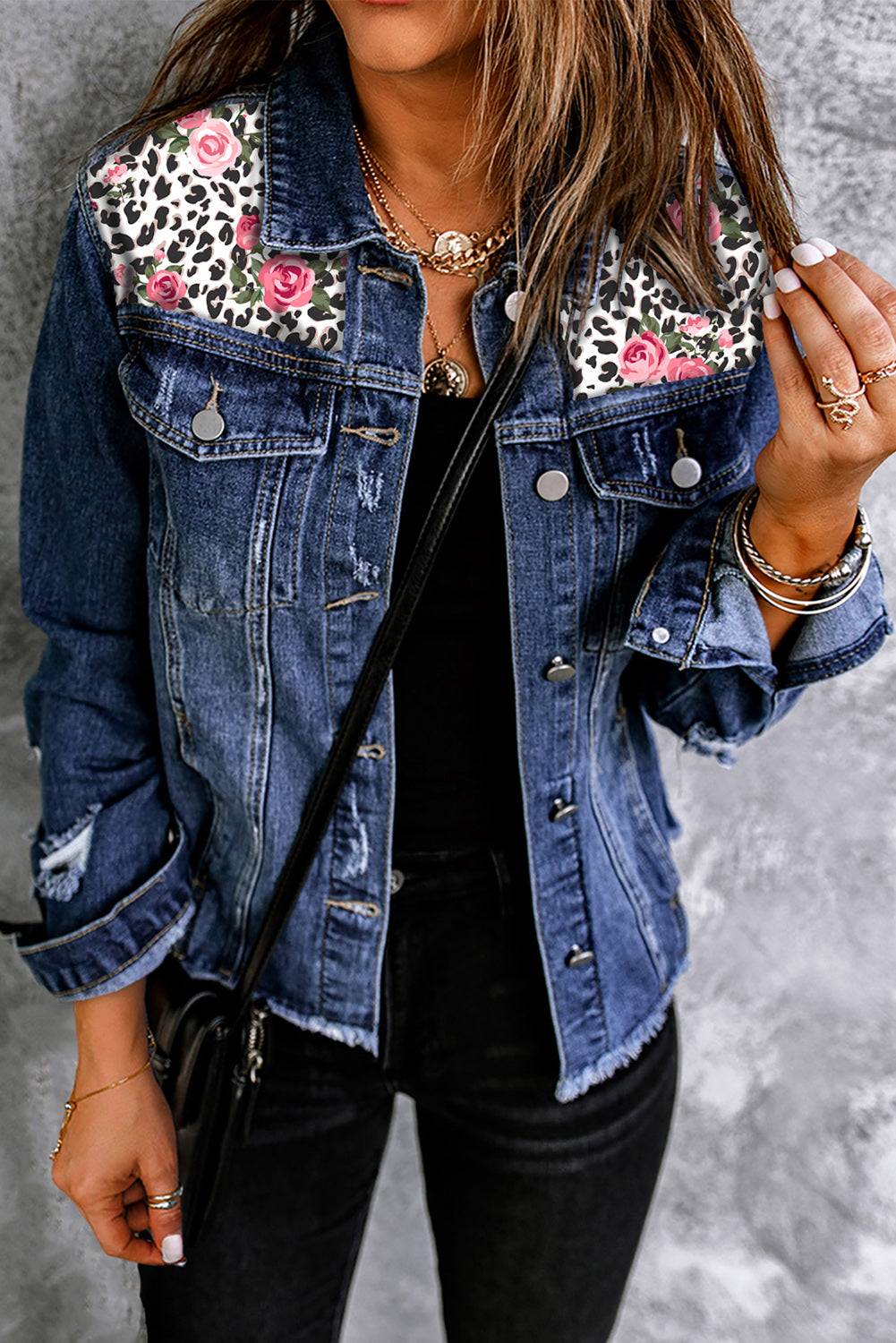 Ali Mixed Print Distressed Button Front Denim Jacket - Coco and lulu boutique 