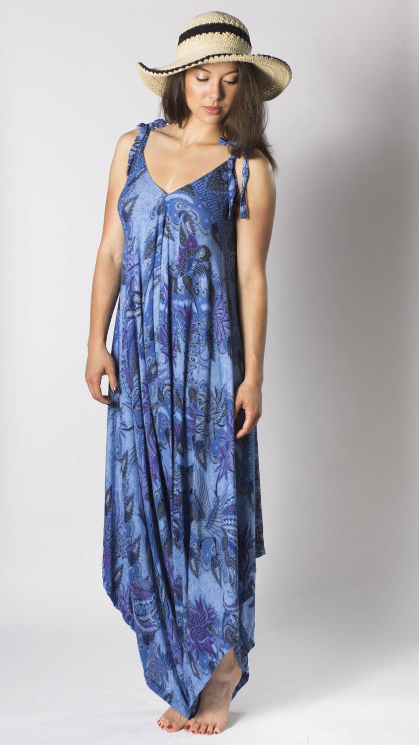 Namibia Blue Purple Geo Batik Summer Gypsy Jumpsuit No Pocket, Womens Harem Jumpsuit - Coco and lulu boutique 