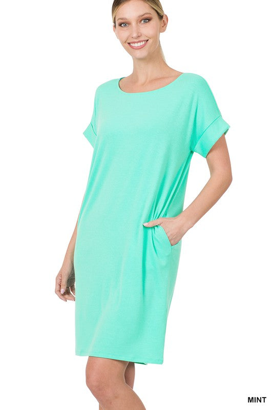 CECE ROLLED SHORT SLEEVE ROUND NECK DRESS - Coco and lulu boutique 