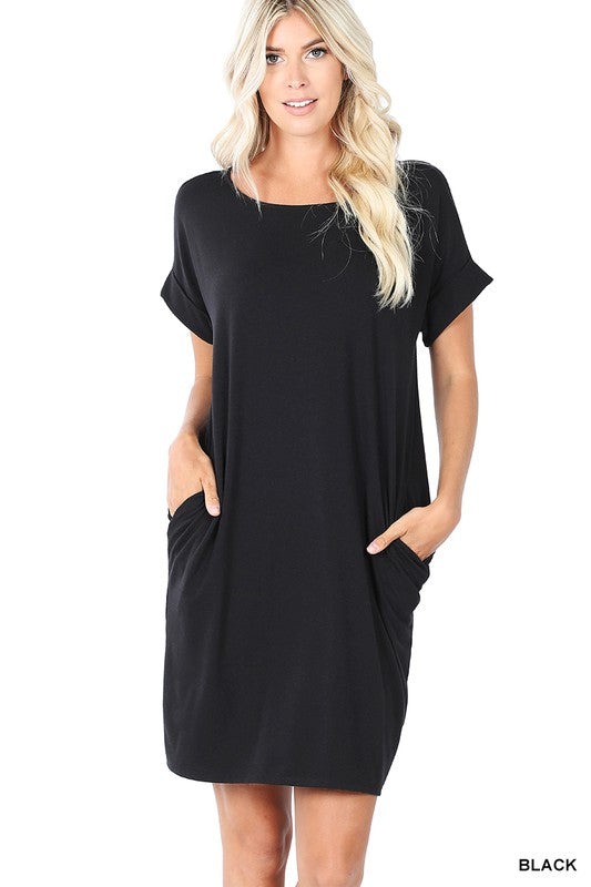 CECE ROLLED SHORT SLEEVE ROUND NECK DRESS - Coco and lulu boutique 