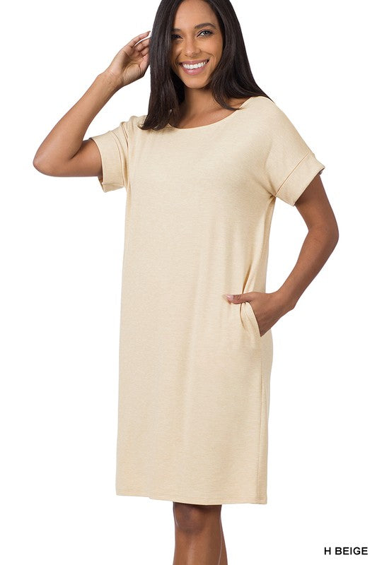 CECE ROLLED SHORT SLEEVE ROUND NECK DRESS - Coco and lulu boutique 