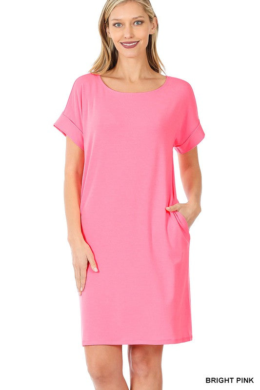 CECE ROLLED SHORT SLEEVE ROUND NECK DRESS - Coco and lulu boutique 