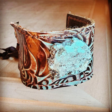 Bali Leather Cuff Turquoise Brown Floral w/ Turq Slab - Coco and lulu boutique 