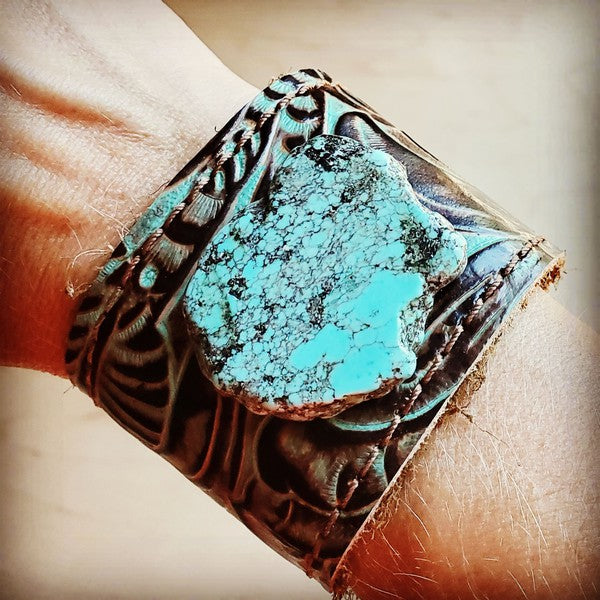 Bali Leather Cuff Turquoise Brown Floral w/ Turq Slab - Coco and lulu boutique 