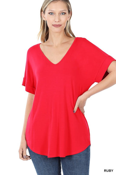 GIGI LUXE RAYON SHORT CUFF SLEEVE V NECK ROUND HEM TOP - Coco and lulu boutique 