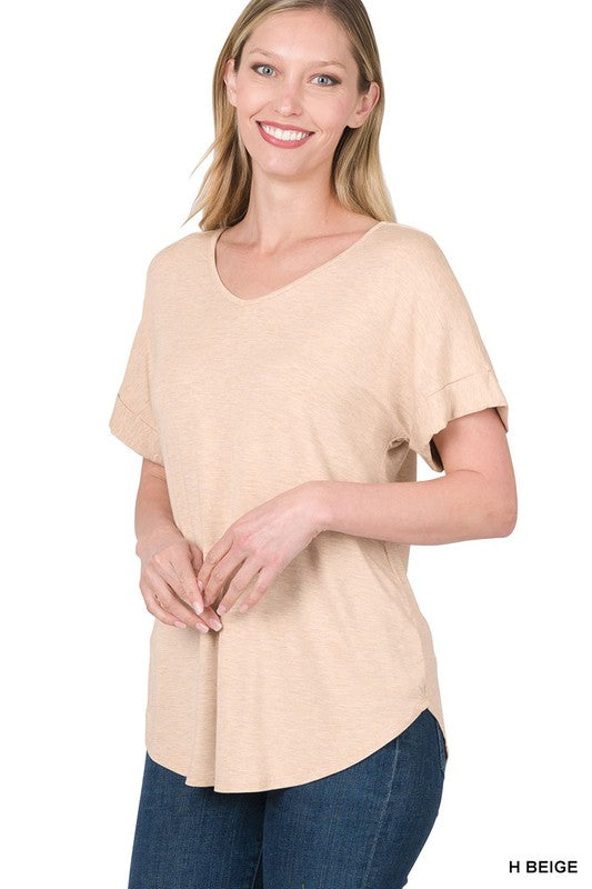 GIGI LUXE RAYON SHORT CUFF SLEEVE V NECK ROUND HEM TOP - Coco and lulu boutique 