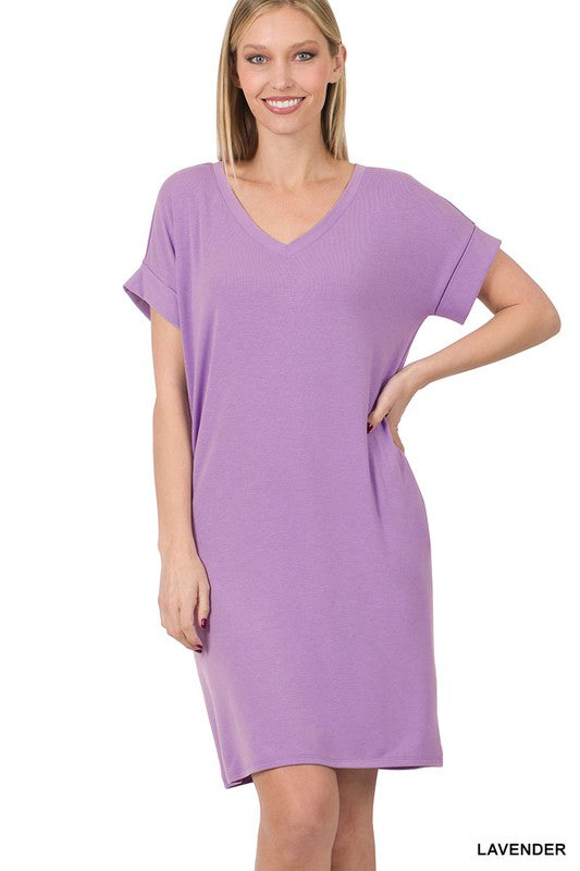 ROLLED SHORT SLEEVE V NECK DRESS - Coco and lulu boutique 