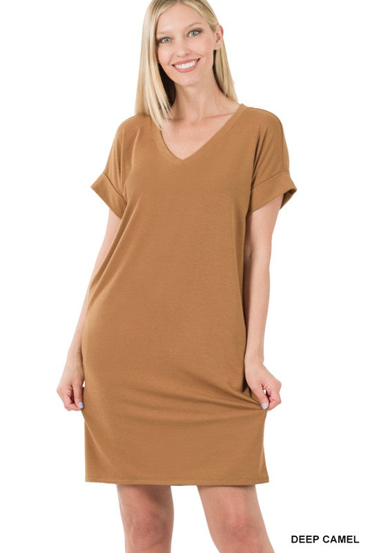 ROLLED SHORT SLEEVE V NECK DRESS - Coco and lulu boutique 