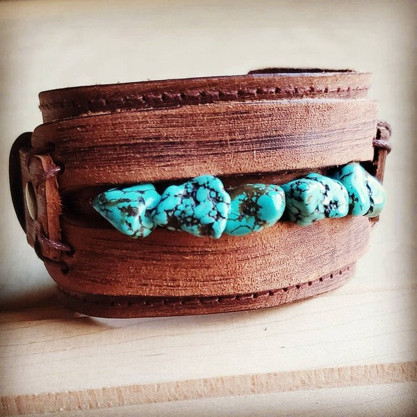 Leather Cuff With Blue Turquoise Chunks - Coco and lulu boutique 