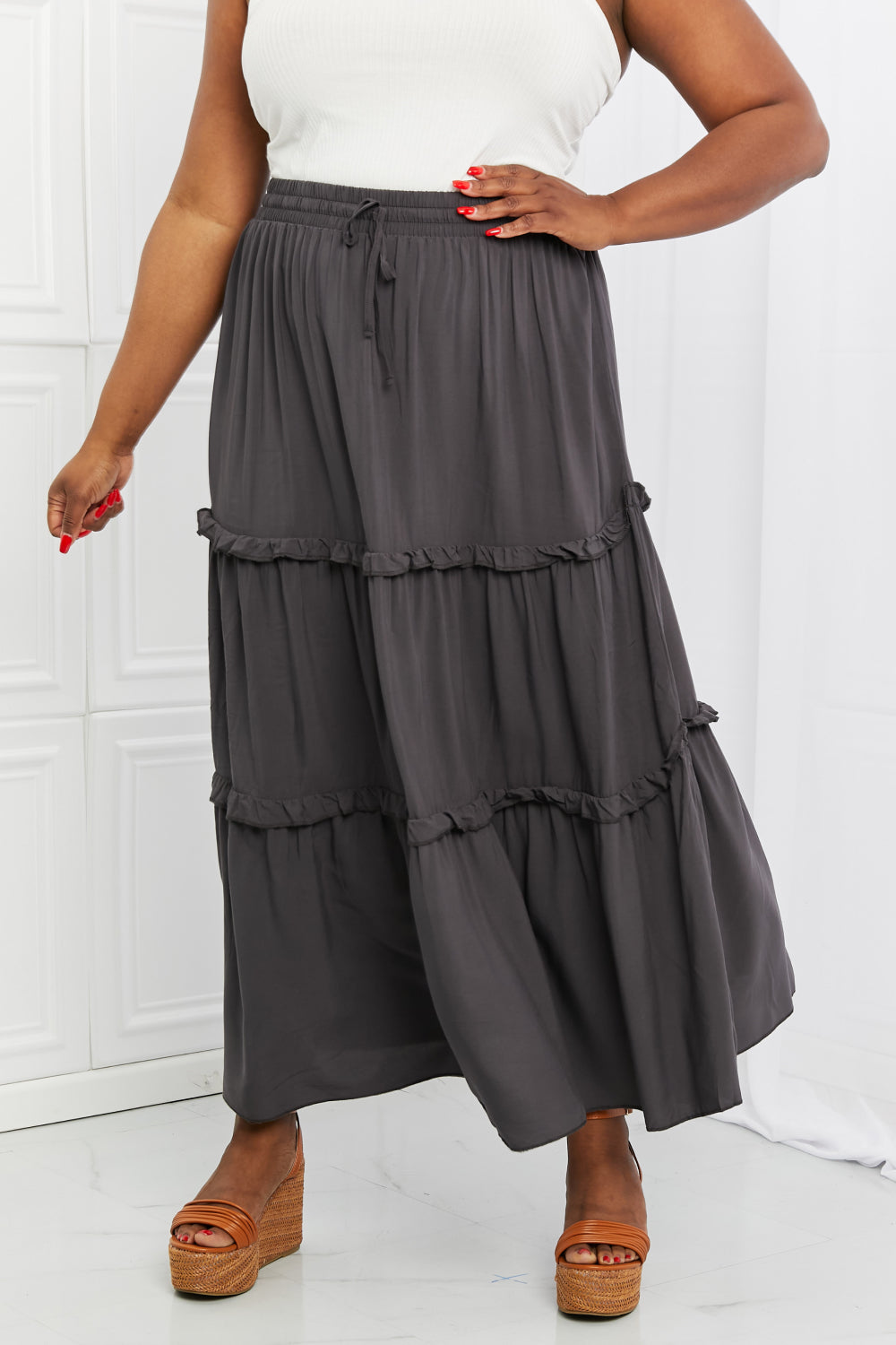 Zenana Summer Days Full Size Ruffled Maxi Skirt in Ash Grey - Coco and lulu boutique 