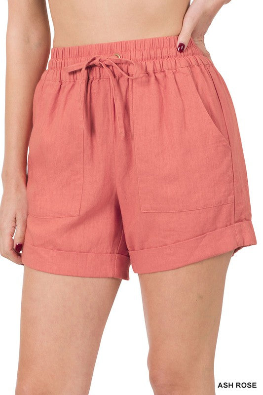 LINEN DRAWSTRING WAIST SHORTS WITH POCKETS - Coco and lulu boutique 
