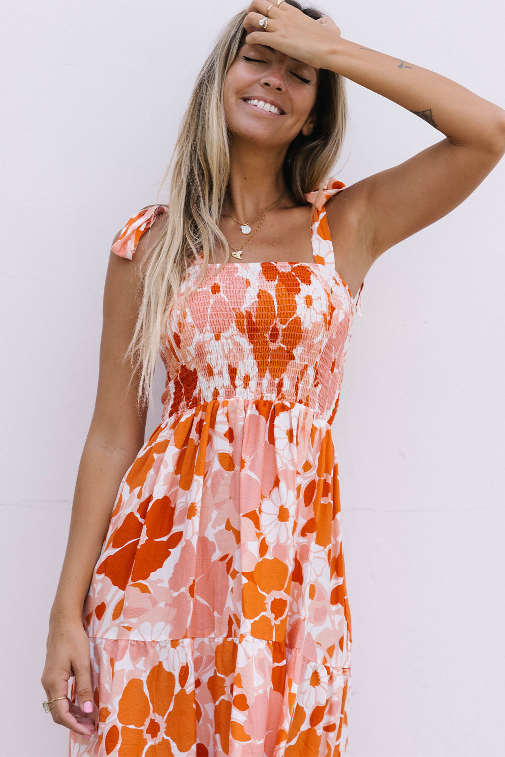 Floral Tie-Shoulder Smocked Maxi Dress - Coco and lulu boutique 