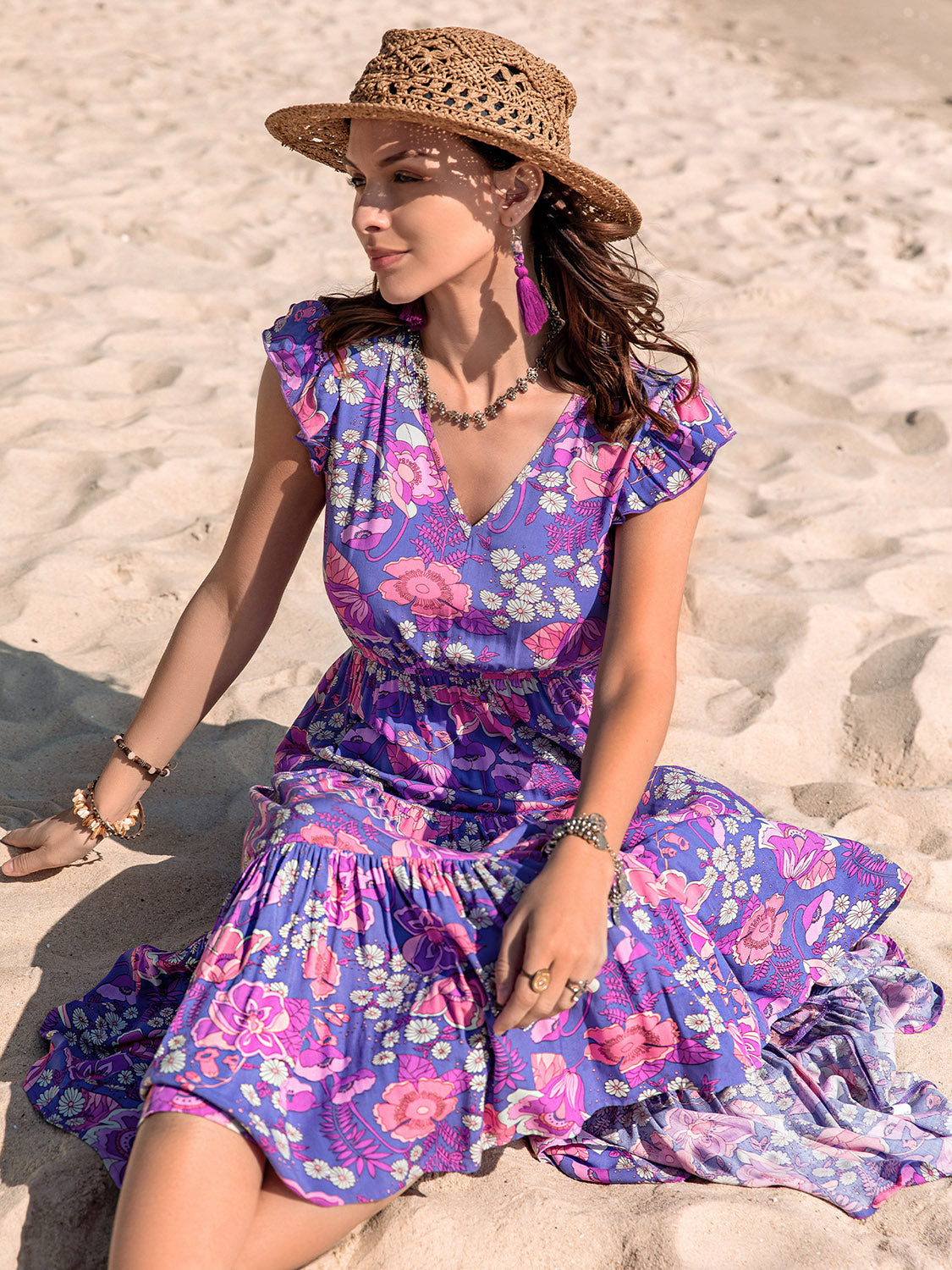 Ruby Printed V-Neck Midi Dress - Coco and lulu boutique 